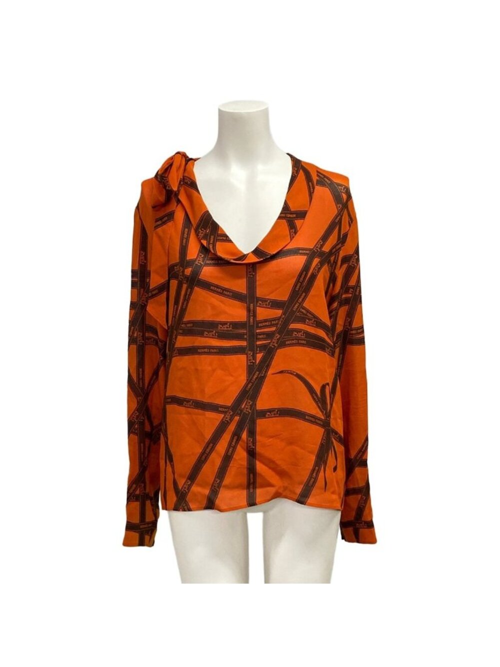 Hermes Long Sleeve Blouse S Orange Ribbon Pattern Silk 34